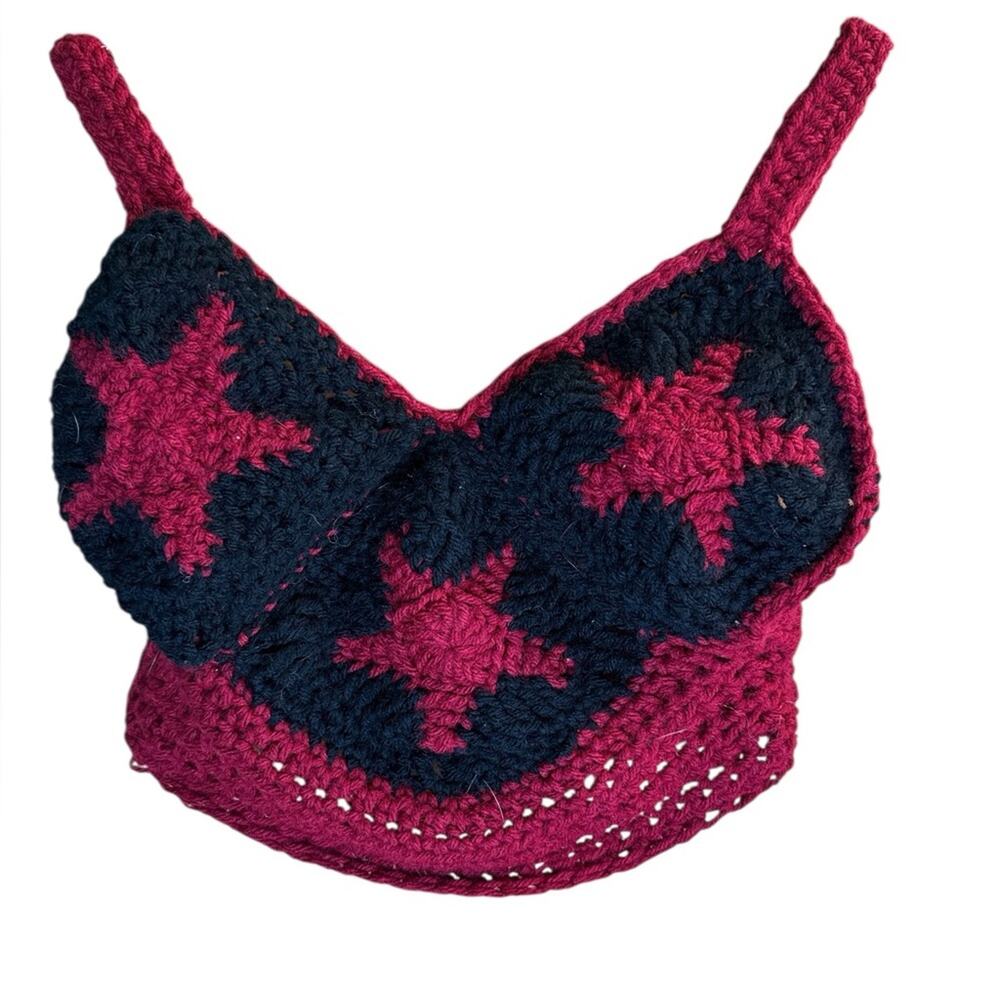 Vtg Handmade Crochet Star Festival Babydoll Crop Top XS Boho 70s Hippie